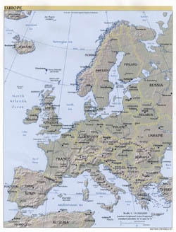 Large political map of Europe with relief, major cities and capitals - 2001.