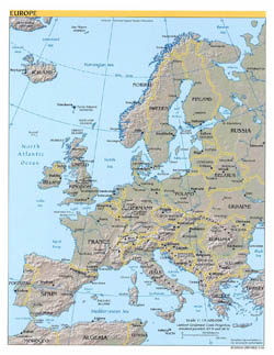 Large political map of Europe with relif, major cities and capitals - 2004.
