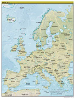 Large scale political map of Europe with relief, capitals and major cities - 2010.