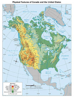 Detailed physical map of North America.