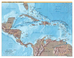 Detailed political map of Central America and the Carribean with relief - 2002.