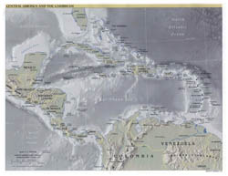 Detailed political map of Central America and the Carribean with relief and cities - 2001.