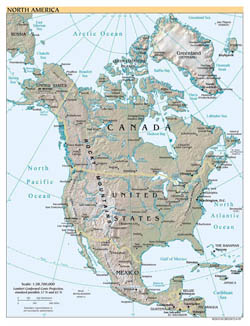 Detailed political map of North America with relief, cities and capitals - 1999.