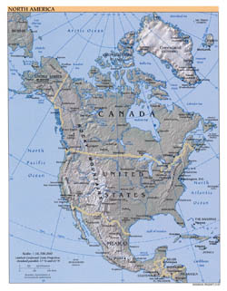 Large detailed political map of North America with relief and major cities - 2007.