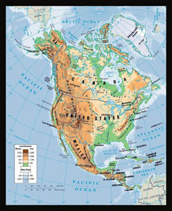 Large physical map of North America.