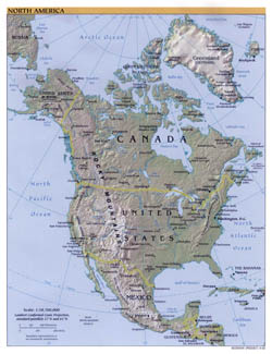 Large political map of North America with relief and cities - 2000.