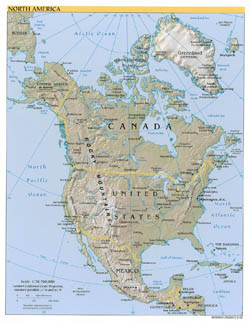Large political map of North America with relief, major cities and capitals - 2002.