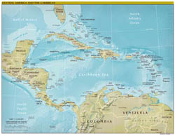 Large scale political map of Central America and the Carribean with relief and capitals - 2011.