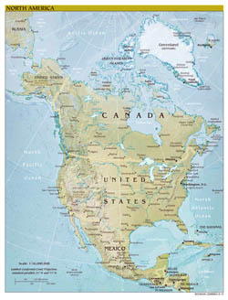 Large scale political map of North America with relief, major cities and capitals - 2010.