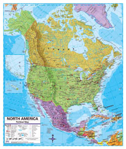 Political map of North America with relief, roads and major cities.