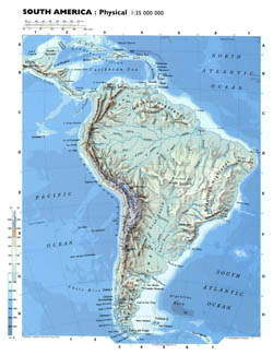 Detailed physical map of South America.