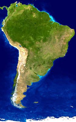 Detailed satellite map of South America.