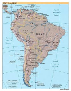 Large detailed political map of South America with relief - 2002.