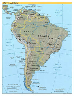 Large detailed political map of South America with relief and capitals - 2004.