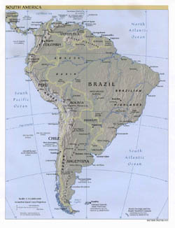 Large detailed political map of South America with relief, major cities and capitals - 2001.