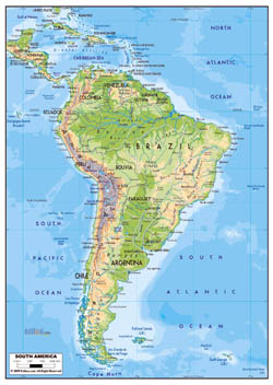 Large physical map of South America with roads and major cities.