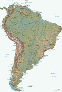 Large political map of South America with relief.