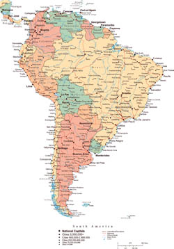 Large political map of South America with roads, major cities and capitals.