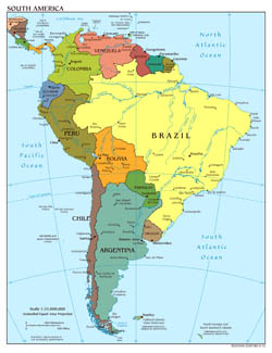 Large scale political map of South America with major cities and capitals - 2012.