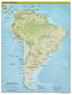 Large scale political map of South America with relief - 2010.