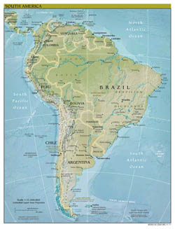 Large scale political map of South America with relief, major cities and capitals - 2011.