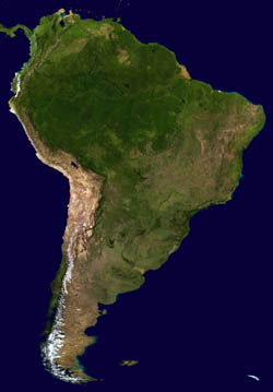 Large scale satellite map of South America.