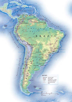 Political map of South America with relief.